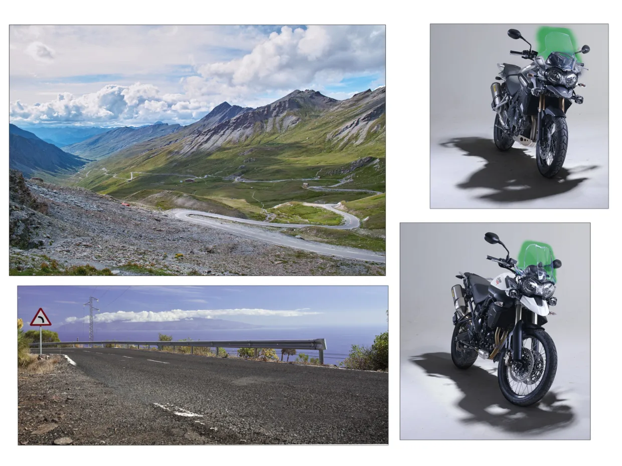 The Triumph Tiger motorcycle composite image was produced using two stock images and two studio photographs