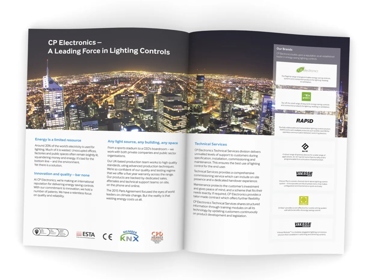 CP Electronics International brochure design and translation in English