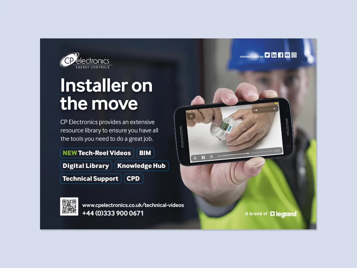 CP Electronics advert design with trackable QR code