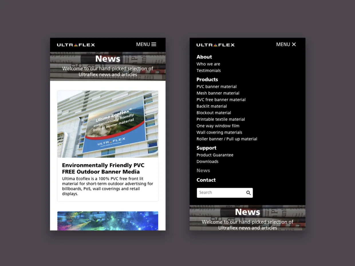 Ultraflex Web Design Mobile Navigation And News