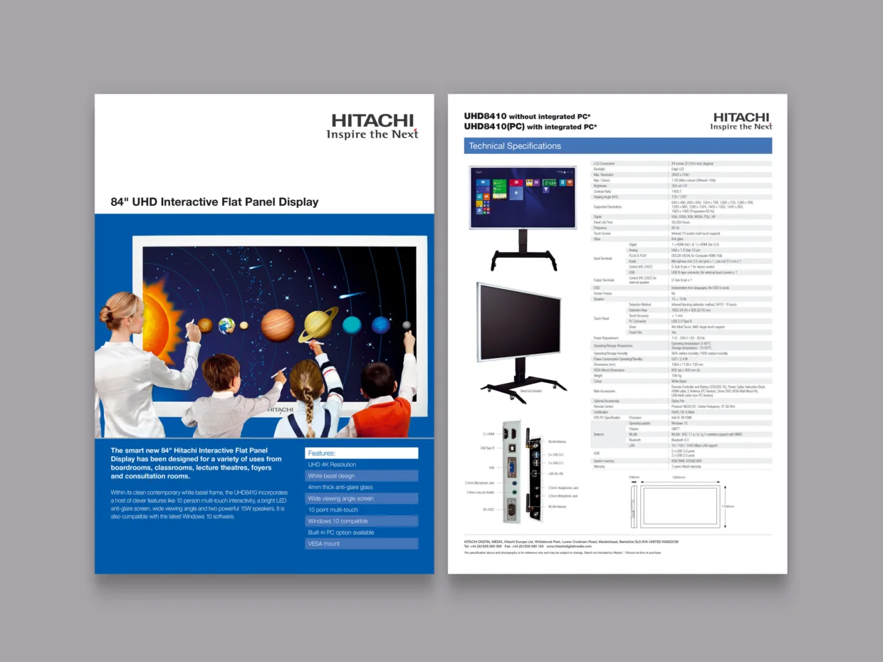 Two-page brochure design for Hitachi