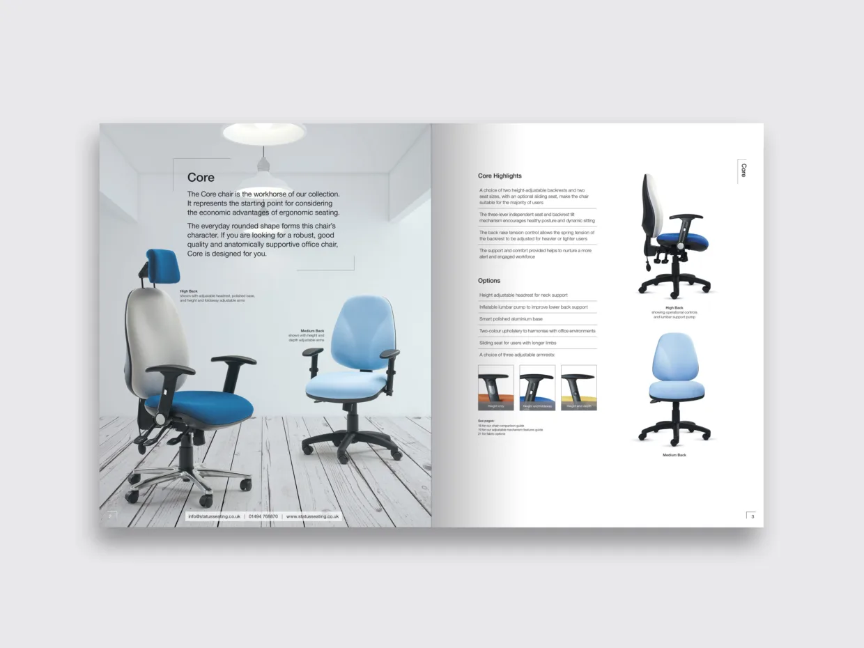 Status Seating brochure design inside spread