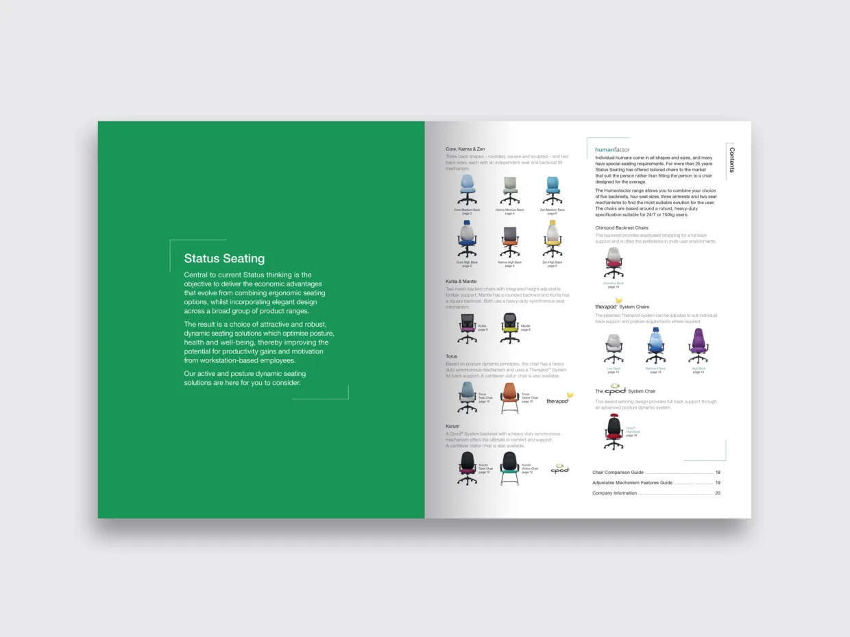 Status Seating brochure design inside spread